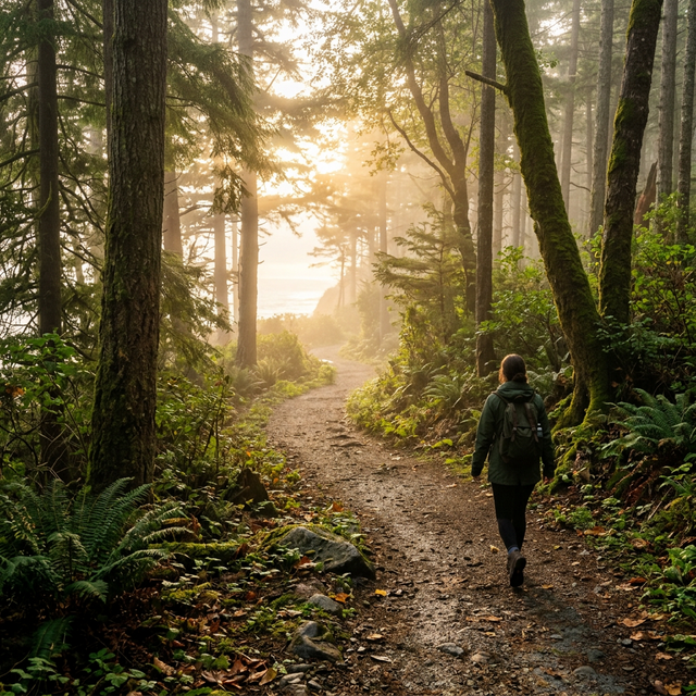 A serene path through a misty coastal forest at sunrise, representing tranquility and personal growth